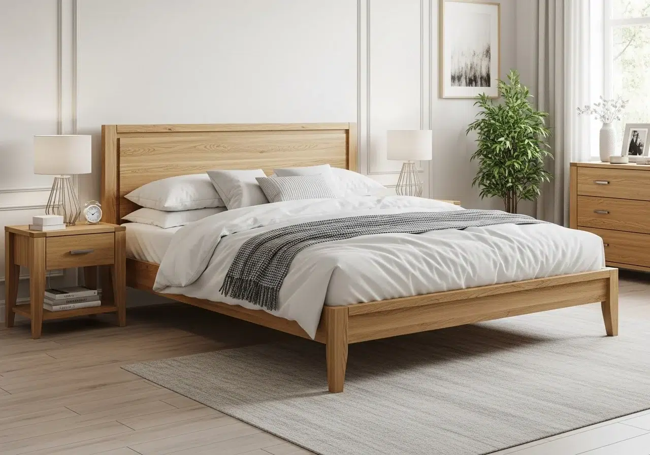 modern light oak king size bed in a bright, minimalist bedroom with white bedding and oak furniture, available via sorcit by decordeluxe.club