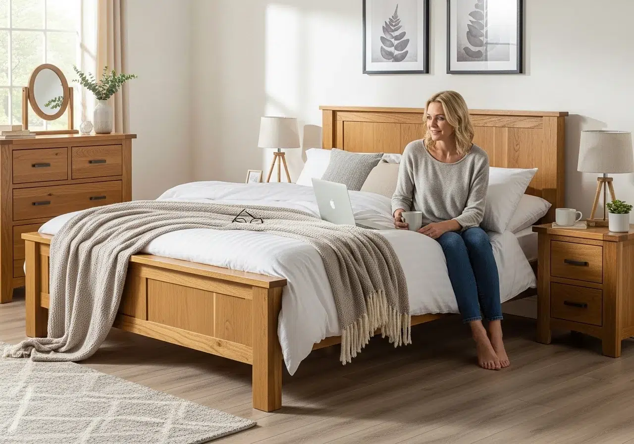 woman sitting on an oak bed frame king size in a rustic english bedroom, using a laptop and drinking tea — sourced through sorcit by decordeluxe.club