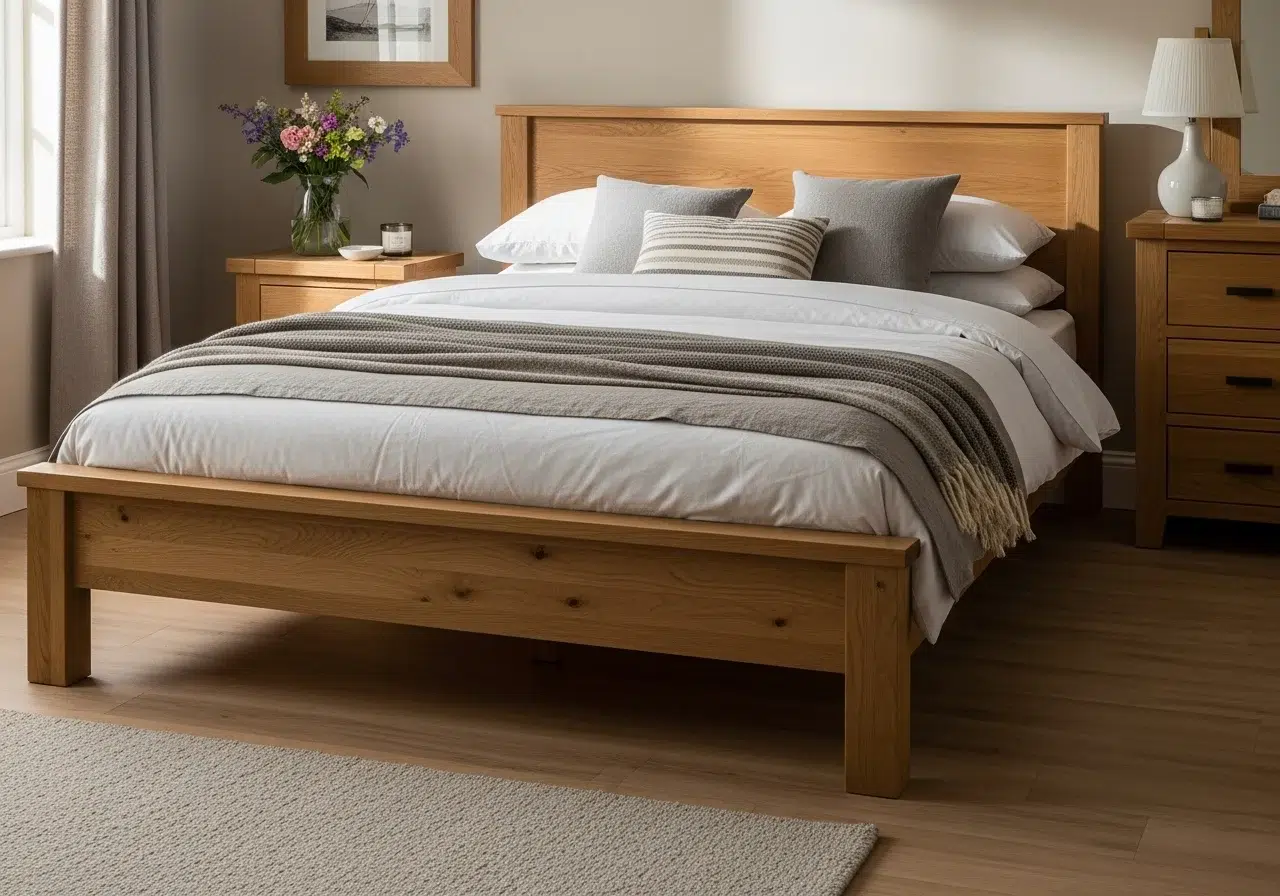 oak double bed frame in a bright bedroom setting, featuring modern solid oak furniture, sourced by decordeluxe.club.