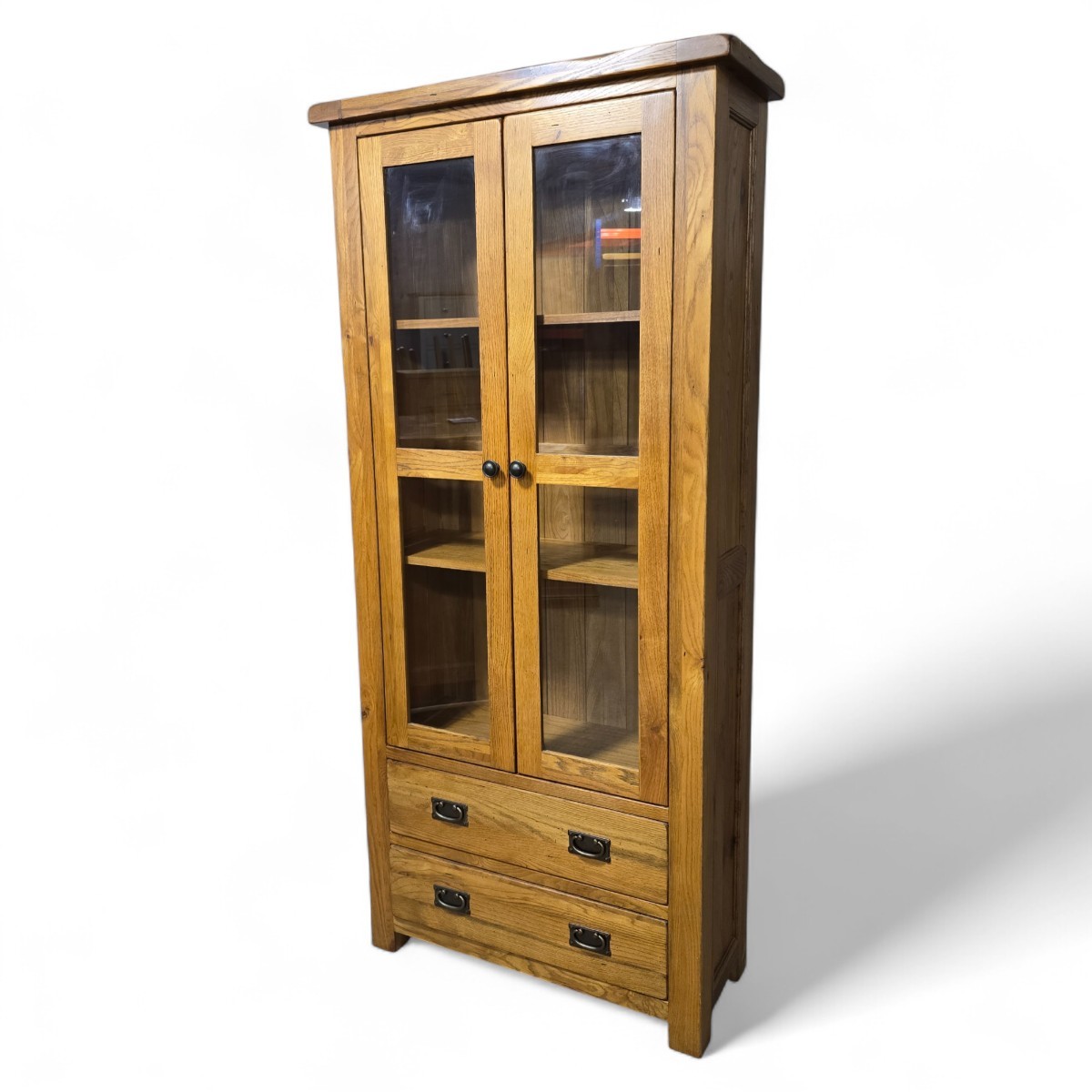 Barker Stonehouse solid oak display unit in rustic farmhouse style featuring three shelves two of which are adjustable.