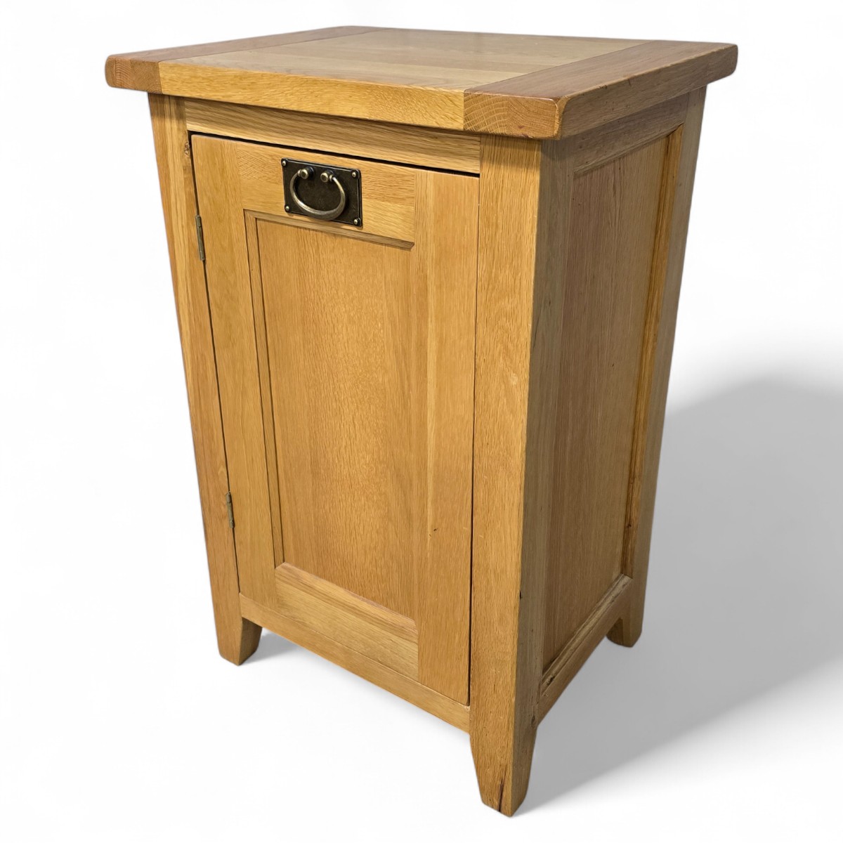 PreLoved Barker and Stonehouse Hi-Fi cabinet in solid oak, with clean lines tapered legs and brass handle showcasing its craftsmanship.