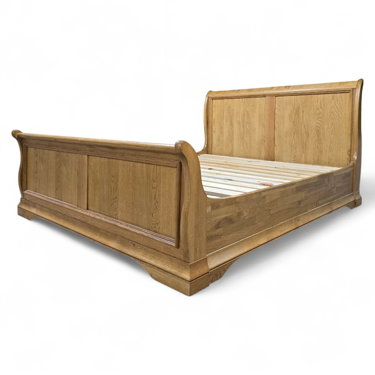Fortune Wood Lyon Sleigh Bed in solid American white oak with timeless sleigh design and medium lacquer finish