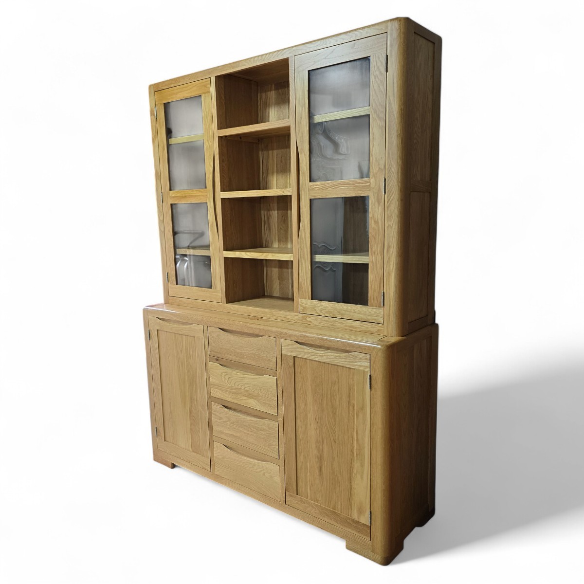 Harper Solid Oak Large Dresser by Oak and More, in warm natural tones with glass fronted cabinets and dovetail joints, showcasing timeless design.