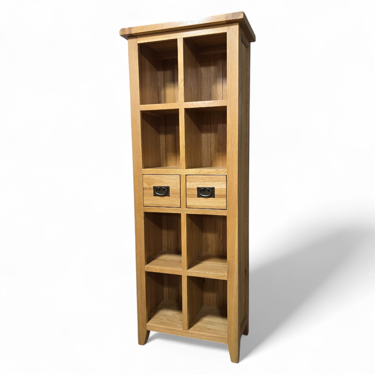 Pre-loved Barker and Stonehouse display unit in solid oak with eight open shelves and two drawers featuring metal handles set into recessed panels.