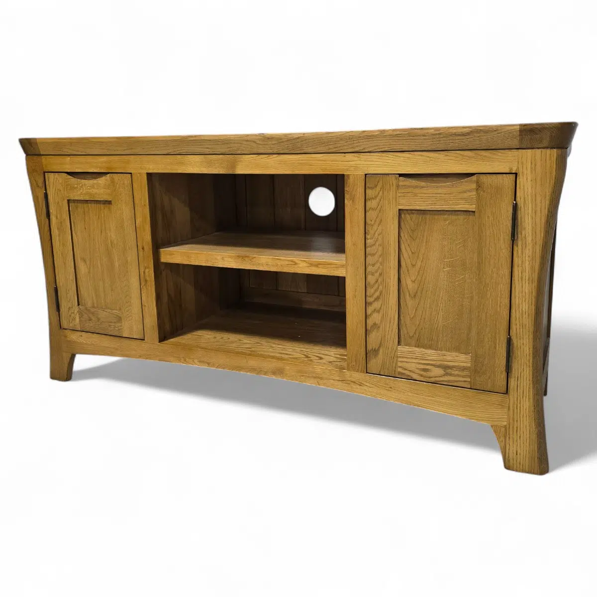 PreLoved Oak Furniture Land Orrick Rustic TV stand in warm medium oak tone with soft wax finish and recessed handles.