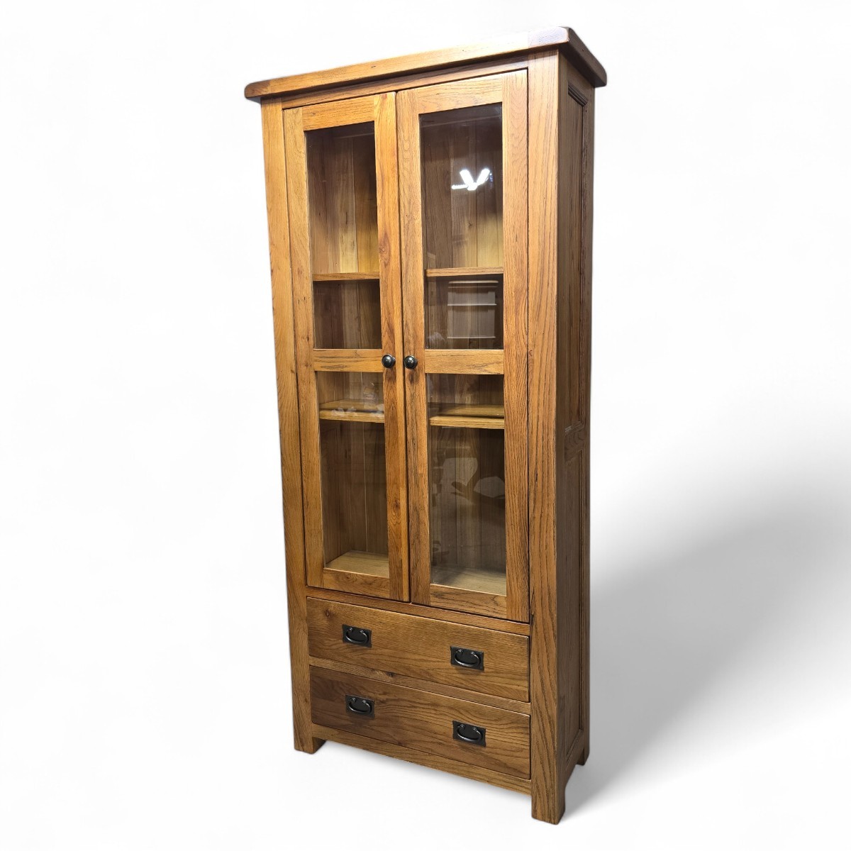 Stunning pre-owned Barker and Stonehouse solid oak display unit, featuring glass doors adjustable shelves and dovetail joints perfect for any stylish home