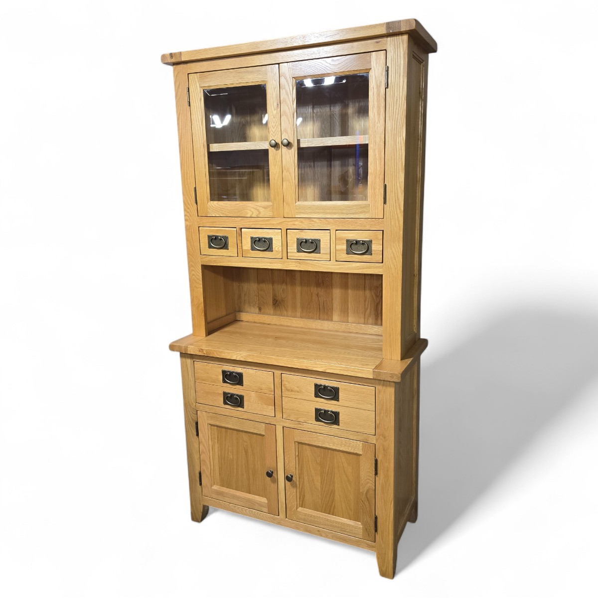 PreLoved Barker and Stonehouse Welsh dresser in solid oak with glazed doors and rustic handles, perfect for farmhouse kitchens.