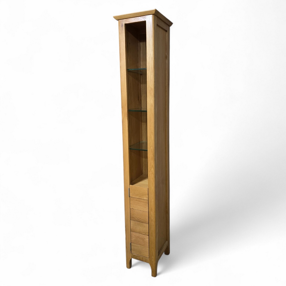 Charming pre-loved oak unit with framed glass door and sleek metal hinges built to last and elevate any room design.