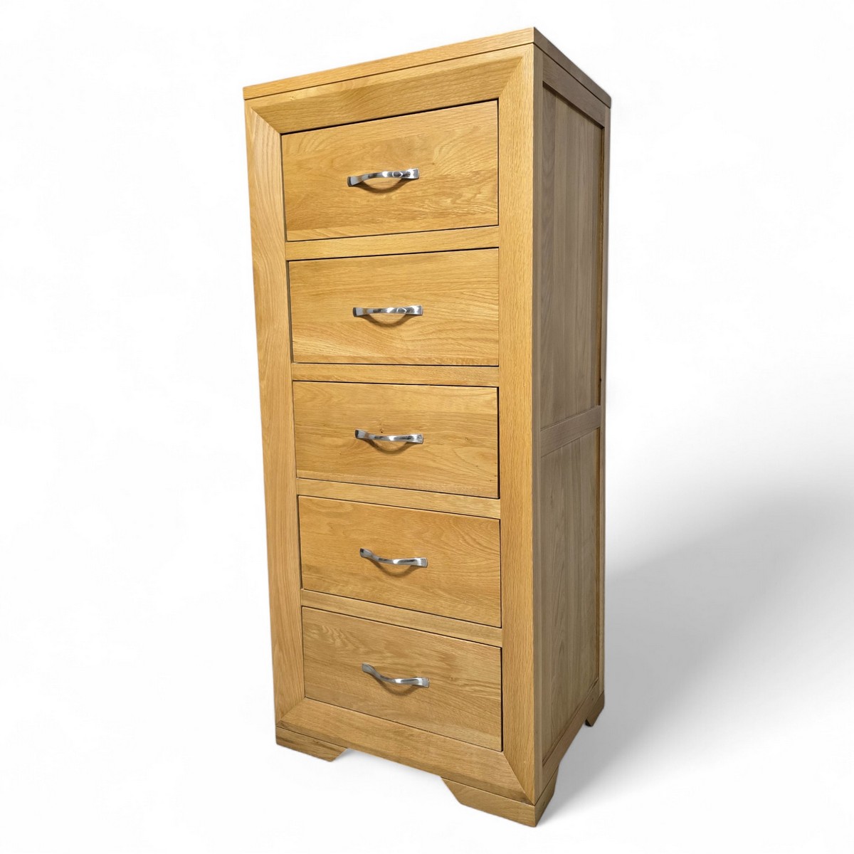 PreLoved Oak Furniture Land Bevel Tallboy in natural oak finish showcasing dovetail joints and brushed metal handles elegant yet practical.