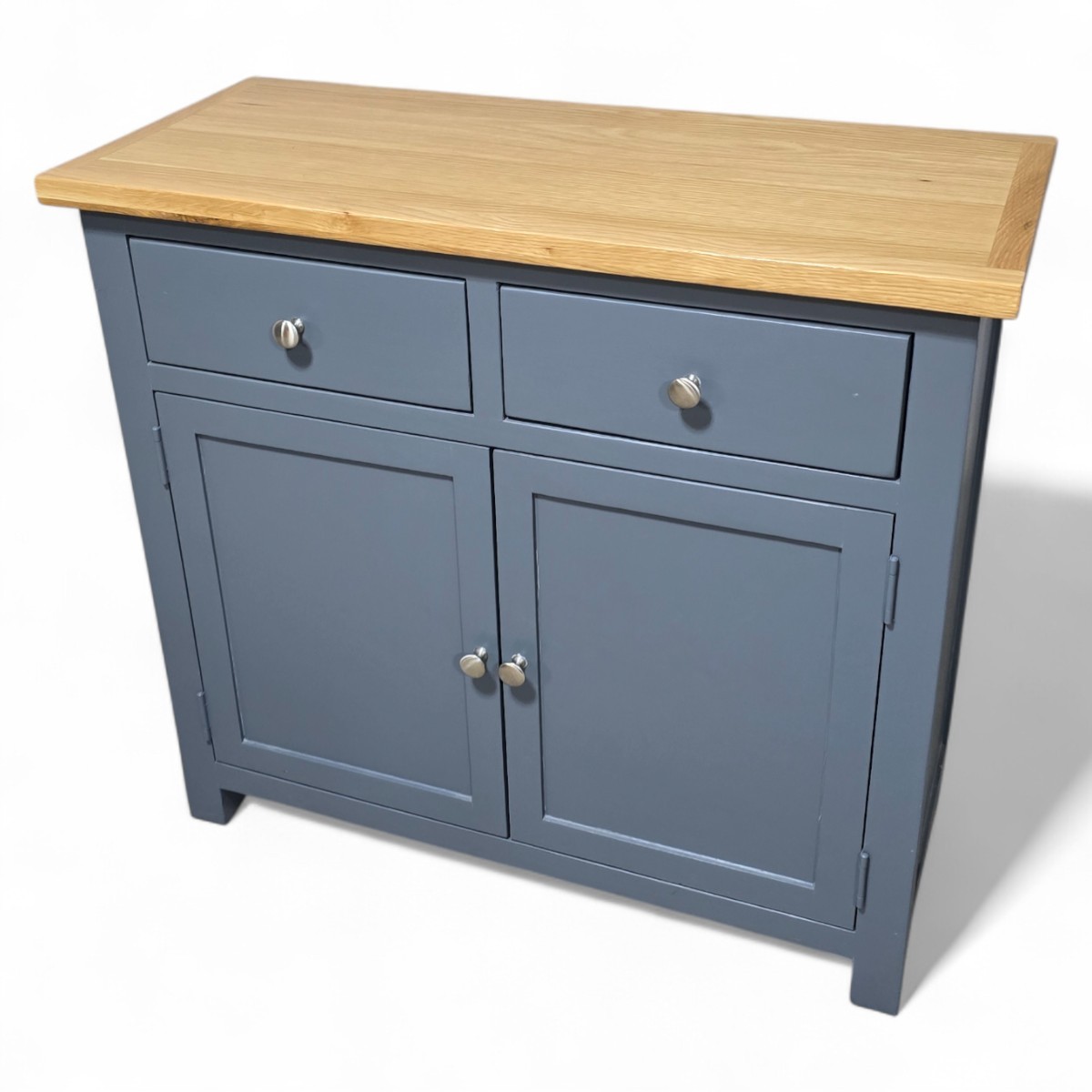 Pre-loved Next furniture range sideboard with solid oak top and grey paint finish showcasing traditional dovetail joints and tongue-and-groove panelling