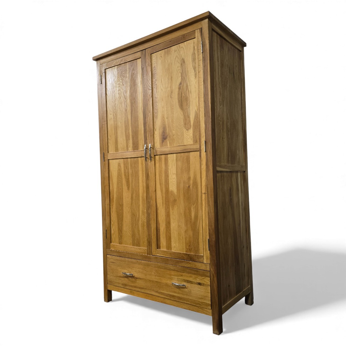 Barker and Stonehouse solid oak double wardrobe in medium oak finish, pre-owned with character, featuring dovetail joints and curved metal handles.