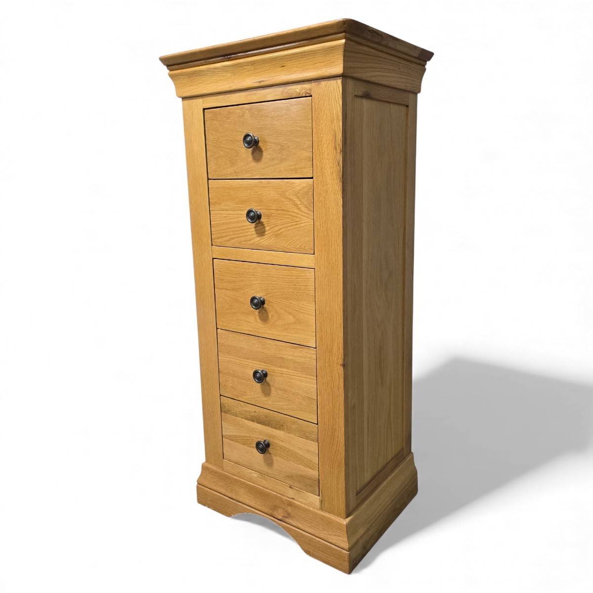 Barker and Stonehouse solid oak tallboy with five drawers showcasing warm medium oak finish and rustic farmhouse design.