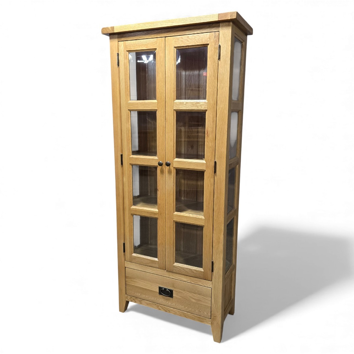 PreLoved Barker and Stonehouse solid oak display unit featuring glass-panelled doors and warm medium oak tones, perfect for modern or classic interiors.