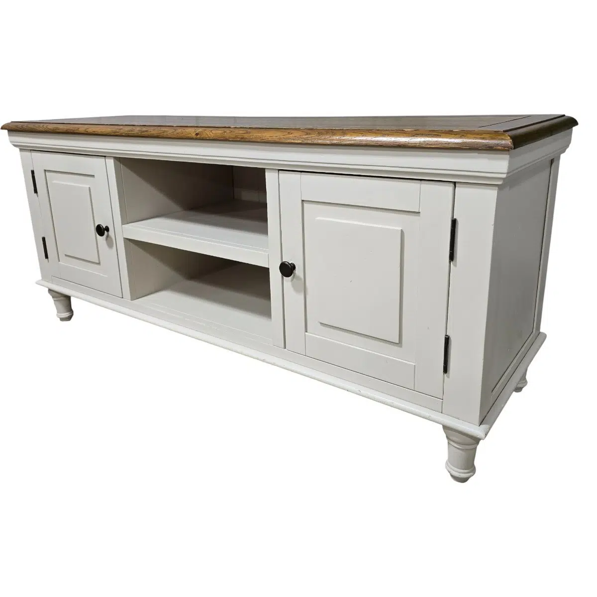 Pre-owned Shay TV stand in two-tone finish showcasing warm oak top and grey painted body, perfect for rustic interiors.
