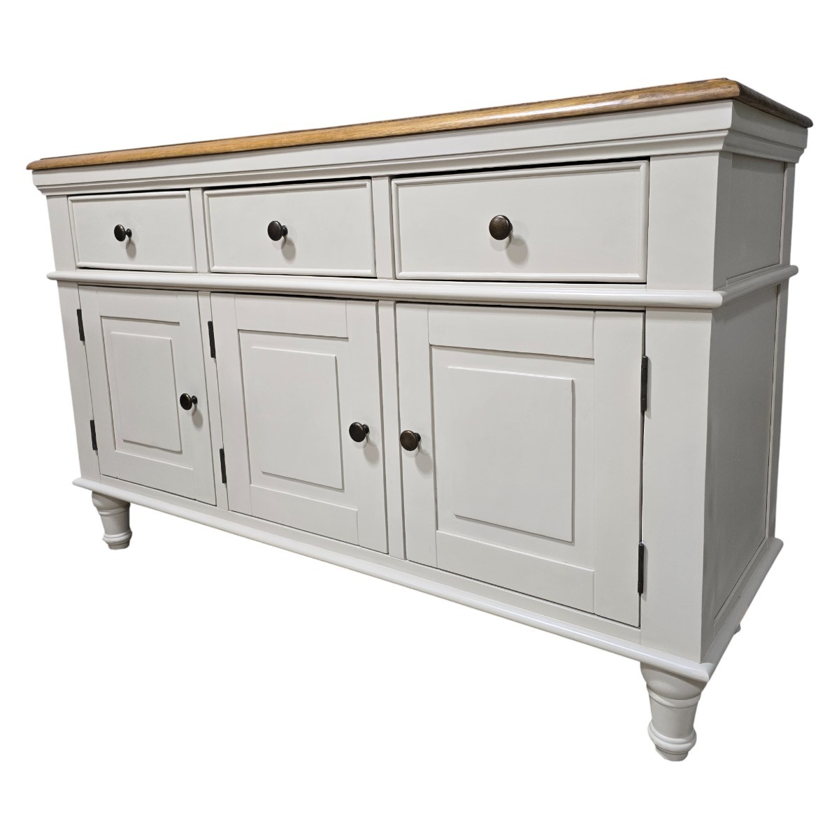Close-up detail of dovetail joints and beaded shoulders on the pre-owned Shay sideboard, highlighting premium craftsmanship.