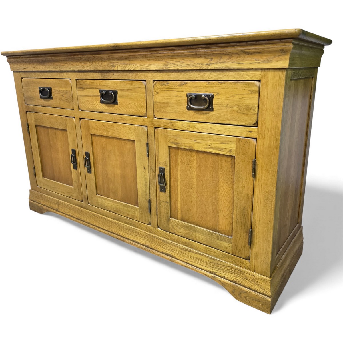 Stylish French Farmhouse solid oak sideboard by Oak Furniture Land, featuring three drawers and cupboards, perfect for dining rooms or kitchens.