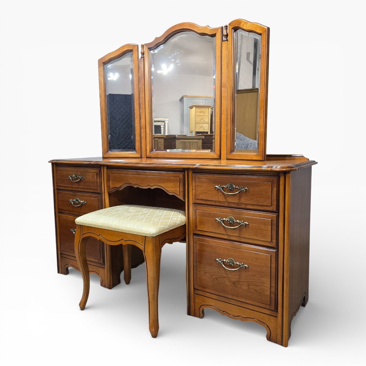 Pre-loved dark oak veneered dressing table set featuring traditional dovetail joints and varnished surface