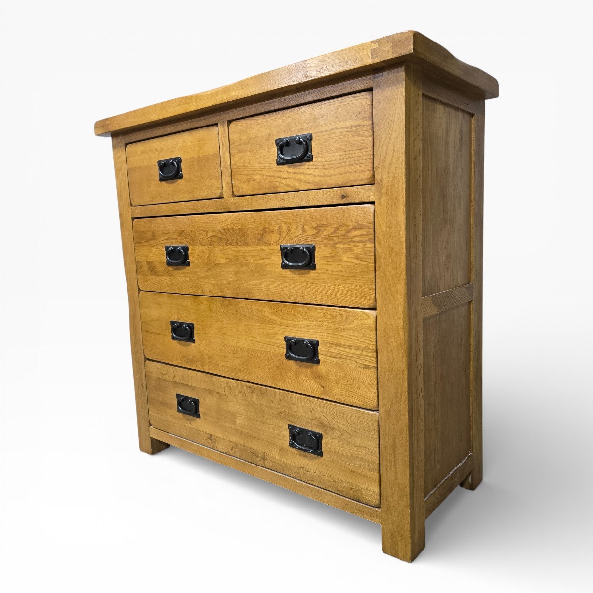 PreLoved Oak Furniture Land Original Rustic solid oak chest of drawers with brass-tinted handles and dovetail joints.