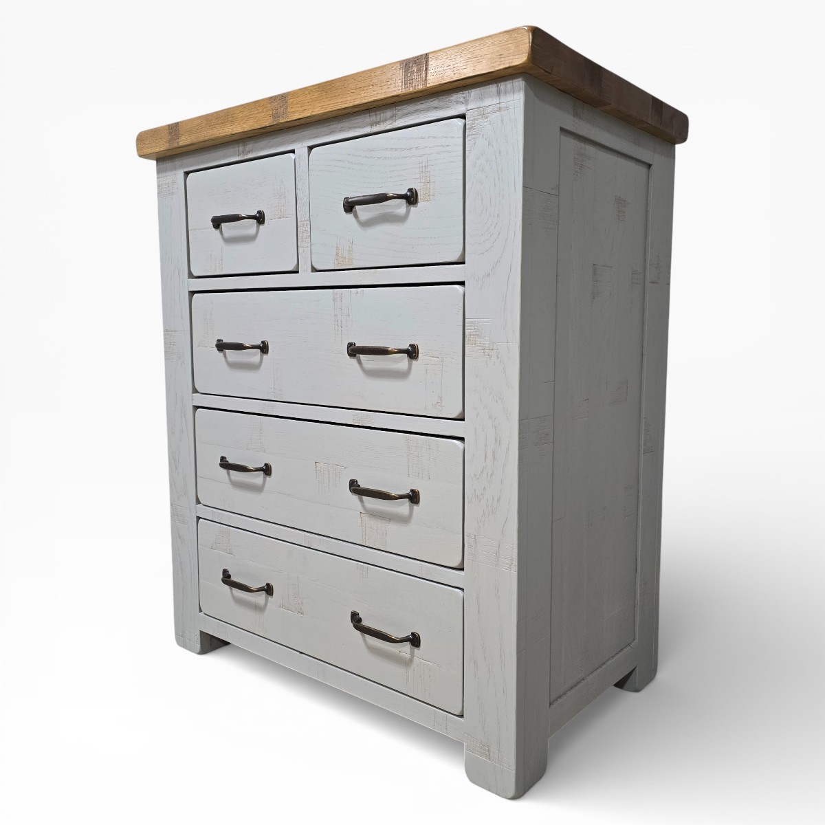 Oak Furniture Land Clermont grey six-drawer chest with natural oak top, showcasing A-grade timber and sturdy construction.