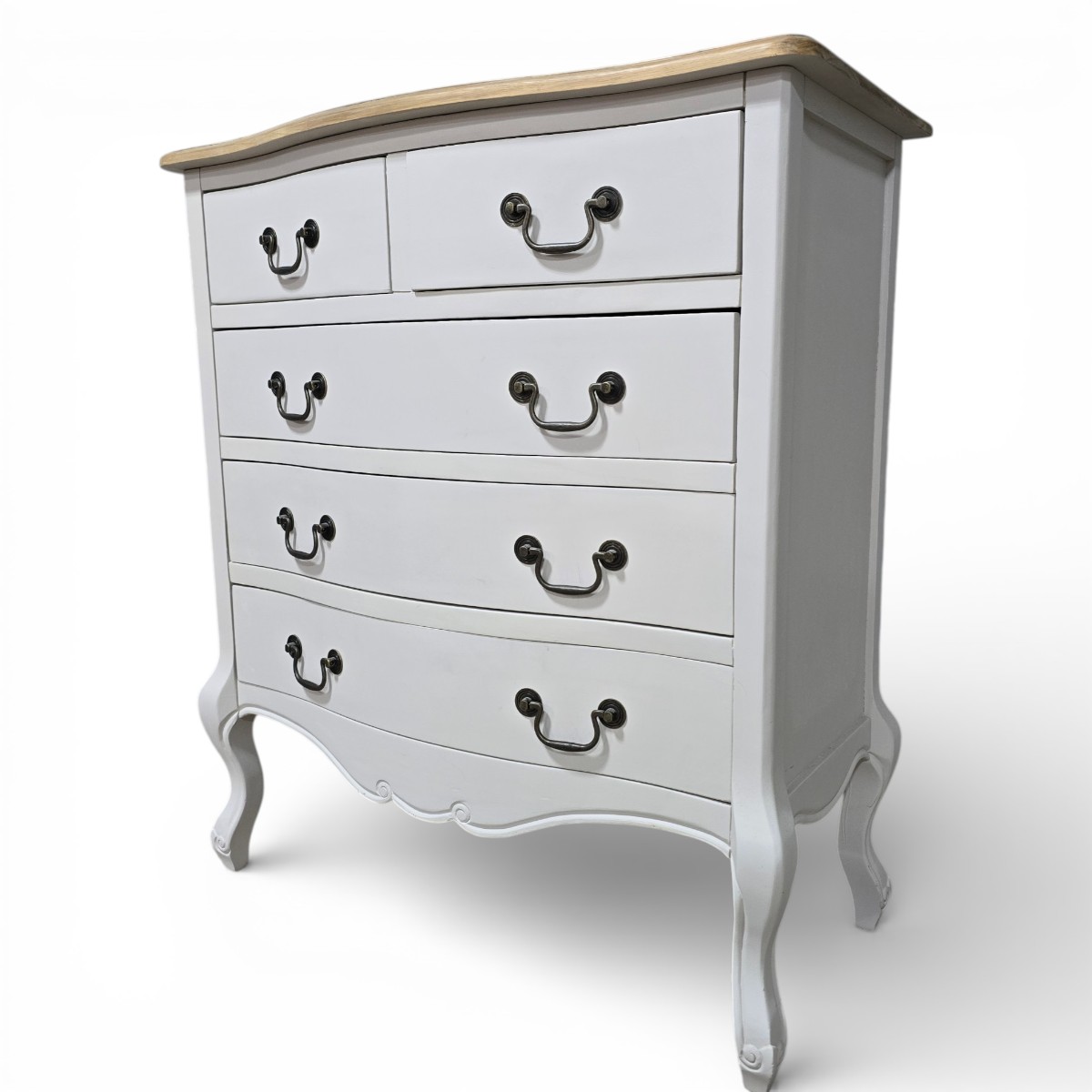 Second-hand chest of drawers with five drawers, cream base, natural oak top, and vintage-style dark metal drop handles.
