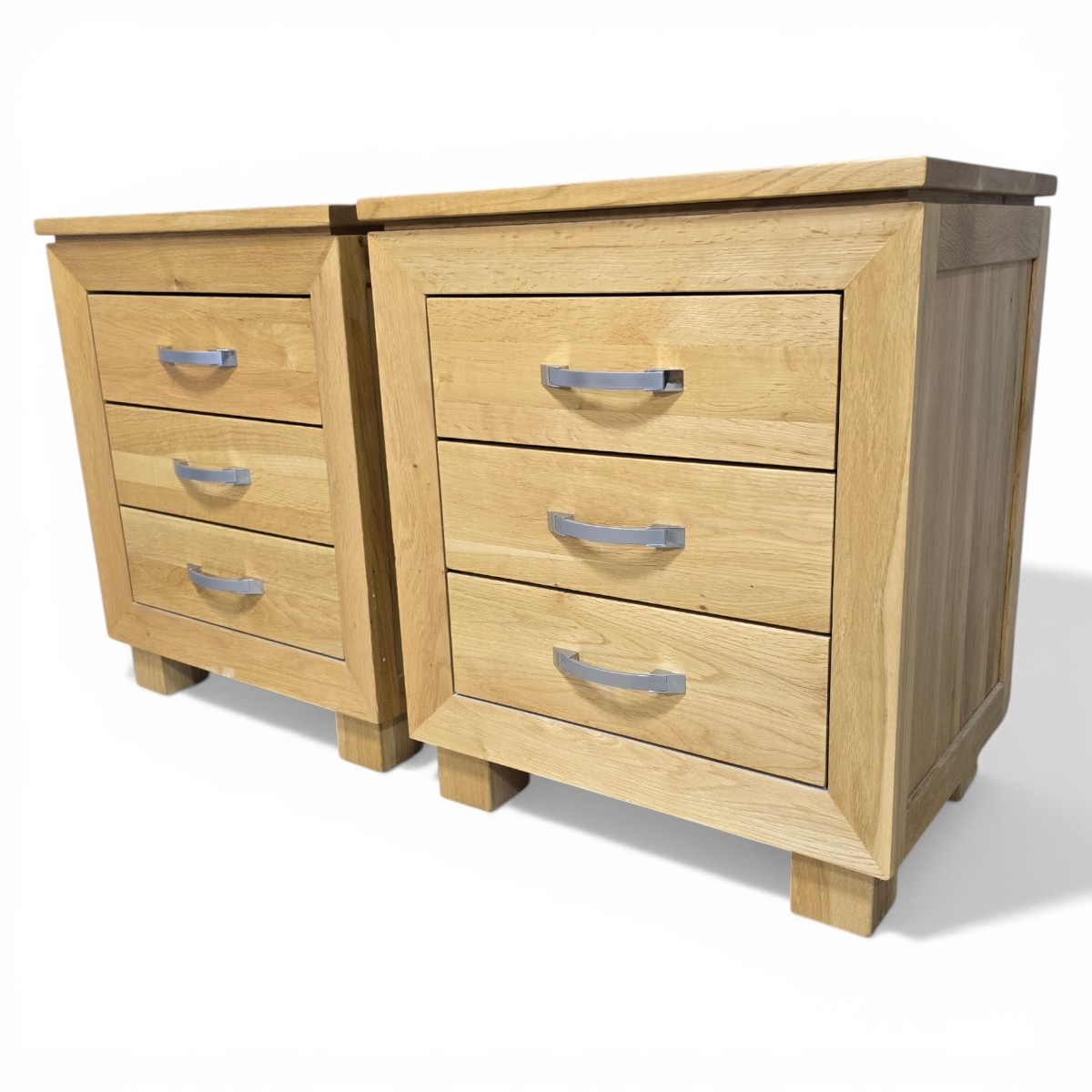 Second hand Barker and Stonehouse solid oak bedside drawers with three spacious horizontal drawers and sleek metal handles