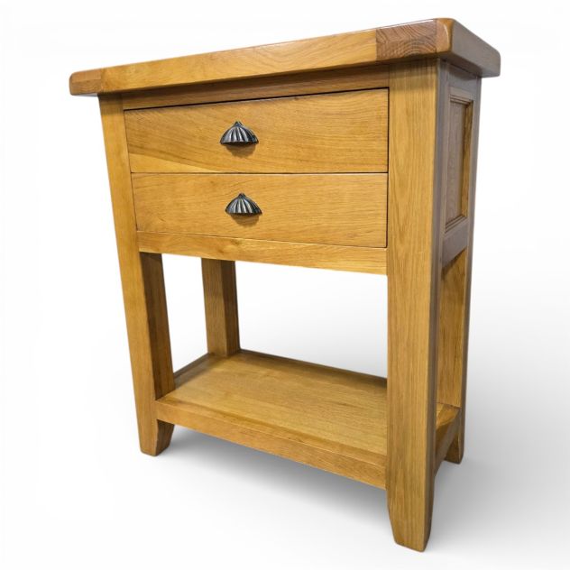 Second hand Barker and Stonehouse solid oak console table with medium oak finish and shell-shaped metal handles