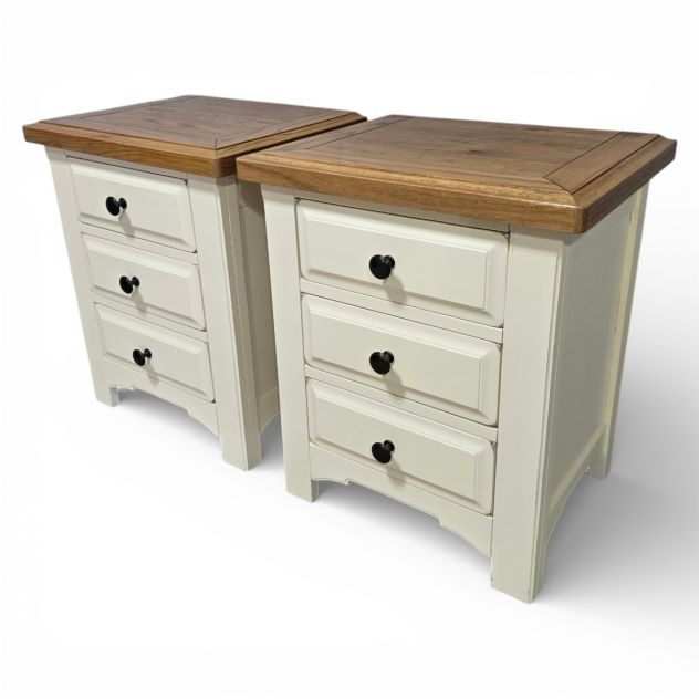 Barker and Stonehouse light cream and natural wood farmhouse bedside drawers, pre-loved and ready for a new home.
