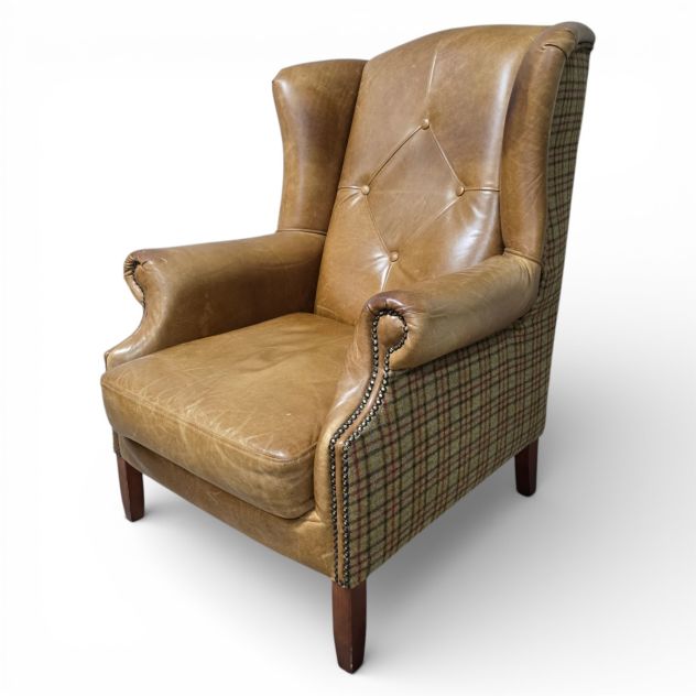 Barker and Stonehouse Julius Leather and Tweed Wing Armchair, PreLoved and in great condition, featuring Italian leather and 100% wool tweed, deep button tufting, and solid beech wood legs.
