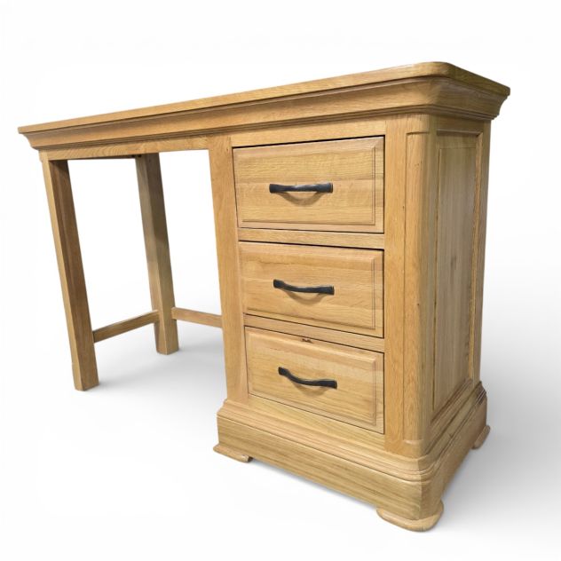 Pre-loved Canterbury solid oak dressing table from Oak FurnitureLand, featuring classic flared cornices and dark antiqued metal handles
