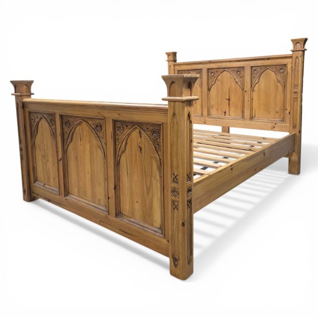 Barker and Stonehouse reclaimed pine king-size bed frame with arched panels and floral flourishes