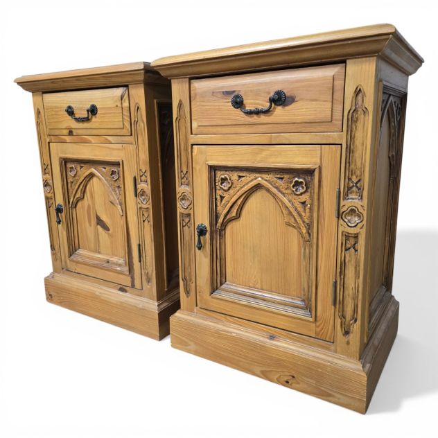 Barker and Stonehouse pre-loved Gothic-style reclaimed wood bedside drawers with hand-carved details and iron handles