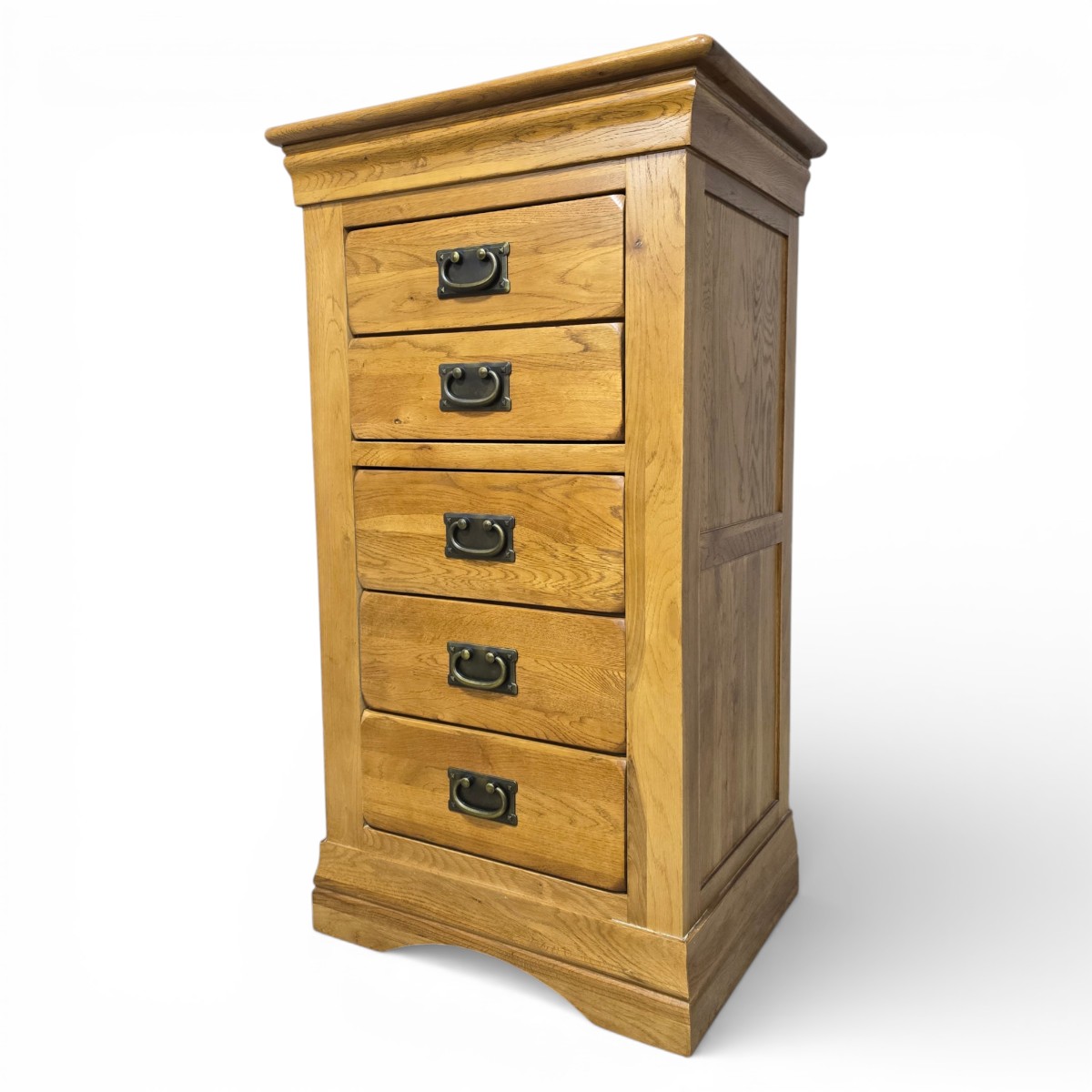 Pre-owned Oak Furniture Land French Farmhouse tallboy in solid oak, featuring five drawers and antiqued brass handles.