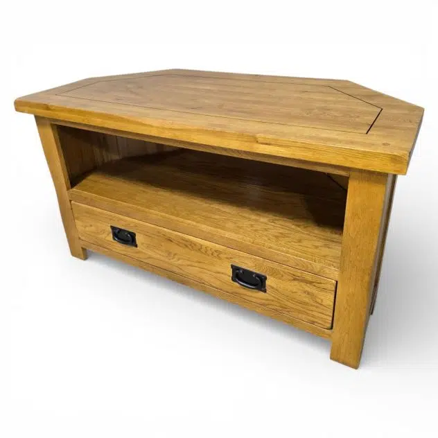 Second hand Oak Furniture Land Original Rustic Range solid oak corner TV stand with warm honey tones and chamfered edges