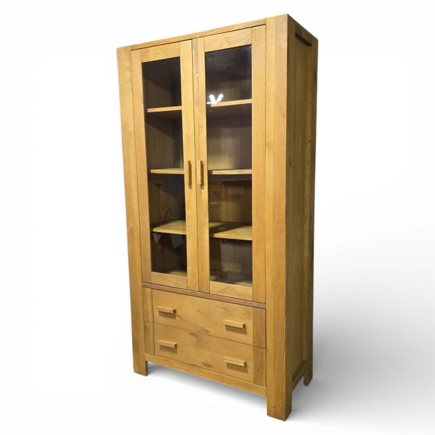 Pre-loved Barker and Stonehouse solid oak display unit with clean lines and glass-fronted doors