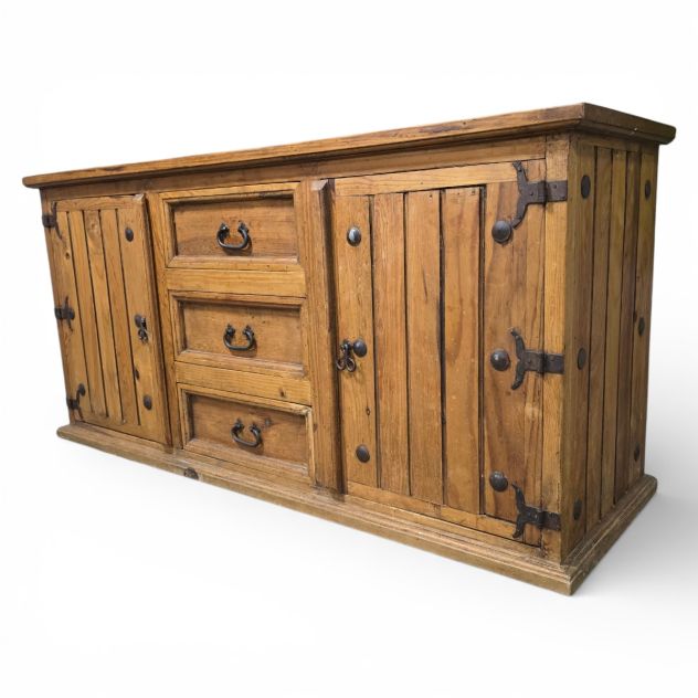 Second-hand Barker and Stonehouse reclaimed Mexican pine sideboard with dovetail joints and wrought iron handles