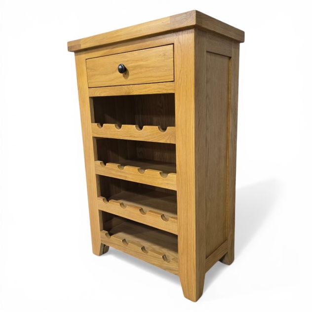 PreLoved solid oak wine rack with dovetail joints and slatted shelves, perfect for adding rustic charm to any room.