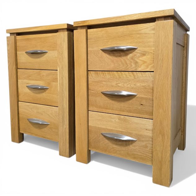 Second hand Oak Furniture Land bedside drawers in light-to-medium oak finish with silver metal handles