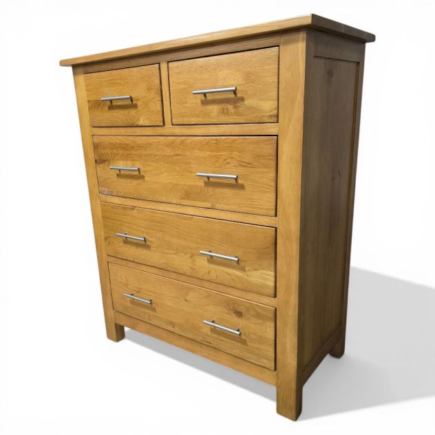 Barker and Stonehouse PreLoved solid oak chest of drawers with sleek metal handles and five drawers