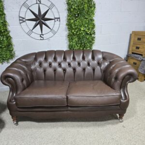Second Hand Chesterfield Suite: Rich, Warm Brown Leather and Ornate Turned Legs Second Hand Chesterfield Suite: Rich, Warm Brown Leather and Ornate Turned Legs