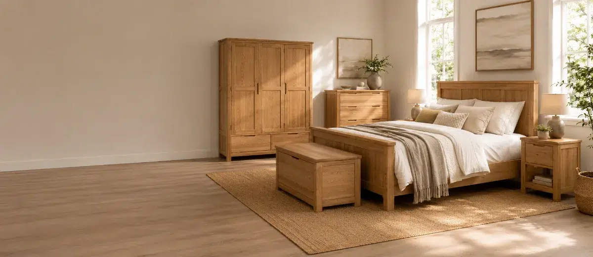 second-hand oak bedroom furniture set — wardrobe, bed, drawers and blanket box