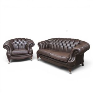 Second Hand Chesterfield Suite: Rich, Warm Brown Leather and Ornate Turned Legs Second Hand Chesterfield Suite: Rich, Warm Brown Leather and Ornate Turned Legs