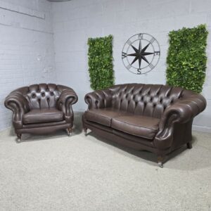 Second Hand Chesterfield Suite: Rich, Warm Brown Leather and Ornate Turned Legs Second Hand Chesterfield Suite: Rich, Warm Brown Leather and Ornate Turned Legs