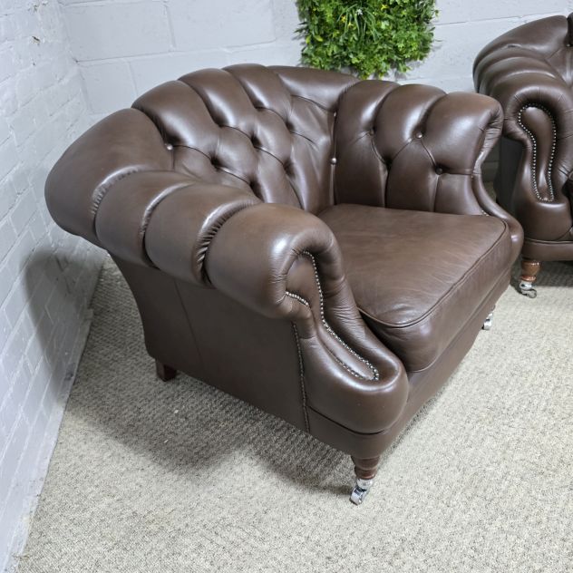 Second Hand Chesterfield Suite: Rich, Warm Brown Leather and Ornate Turned Legs Second Hand Chesterfield Suite: Rich, Warm Brown Leather and Ornate Turned Legs