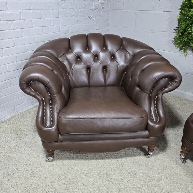Second Hand Chesterfield Suite: Rich, Warm Brown Leather and Ornate Turned Legs Second Hand Chesterfield Suite: Rich, Warm Brown Leather and Ornate Turned Legs