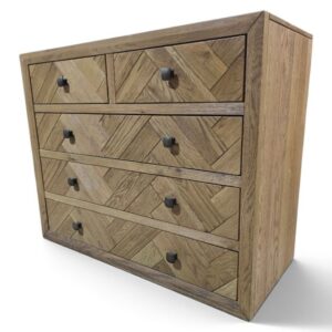 Pre-loved Oak FurnitureLand Parquet Chest of Drawers: Solid Oak, Herringbone Pattern, Dovetail Joints Pre-loved Oak FurnitureLand Parquet Chest of Drawers: Solid Oak, Herringbone Pattern, Dovetail Joints
